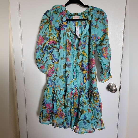 NWT Emilia Handmade Blue Drop Waist Cotton Tunic Floral Dress - Picture 1 of 8